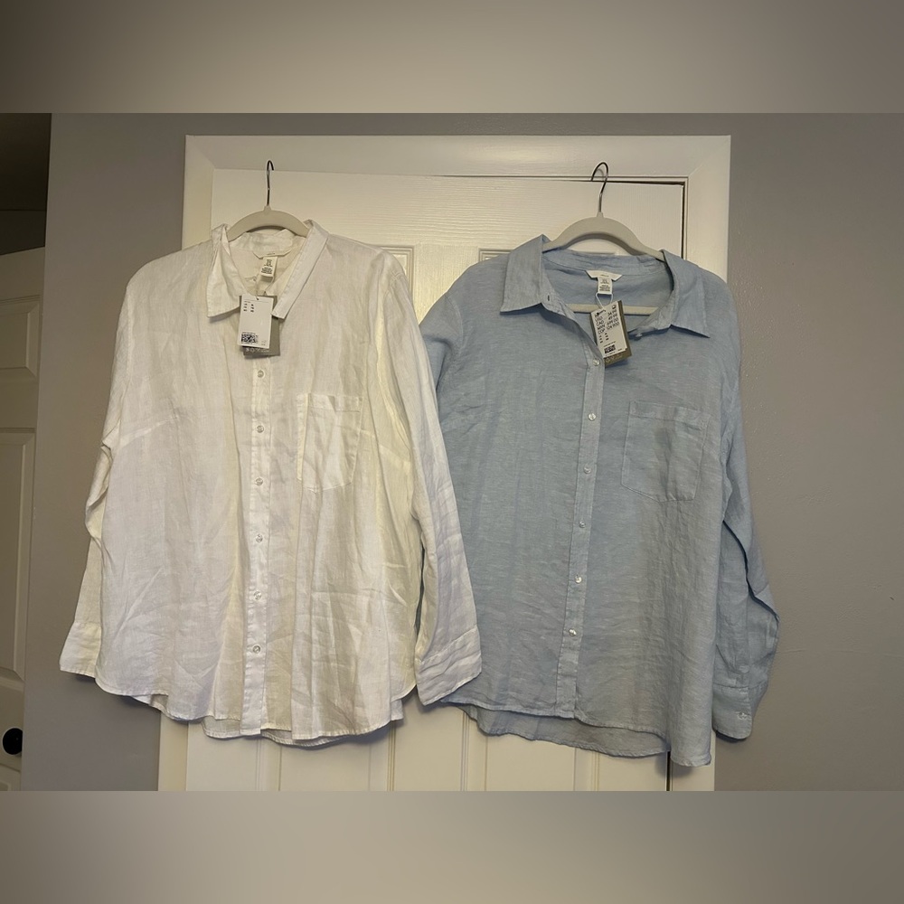 H&M Casual White and Light Blue Button Down Linen Shirts - NWT XL